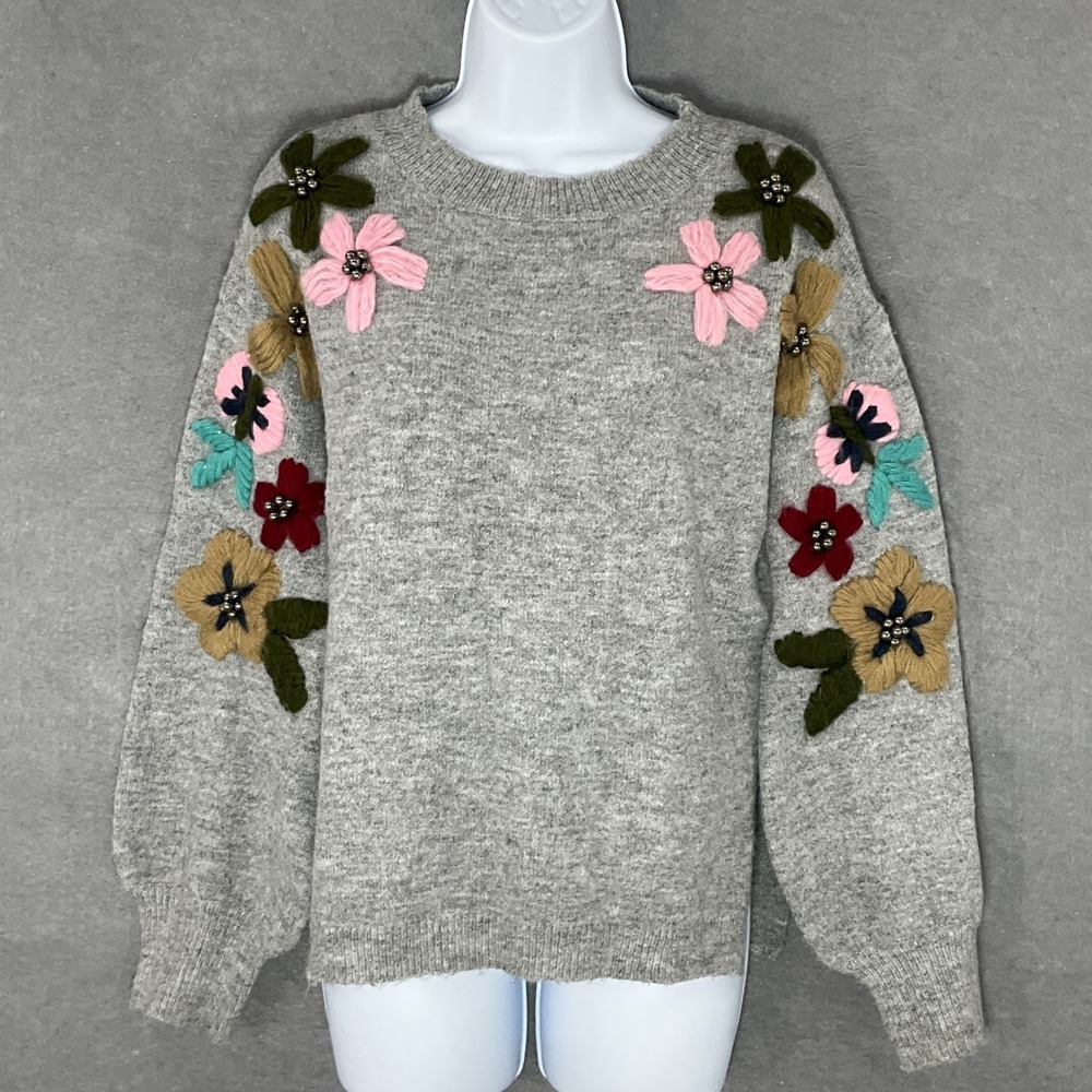 Fleur De Lis Sweater Womens Sz S Floral Embroidery Beaded Accent Wool Knit Artsy